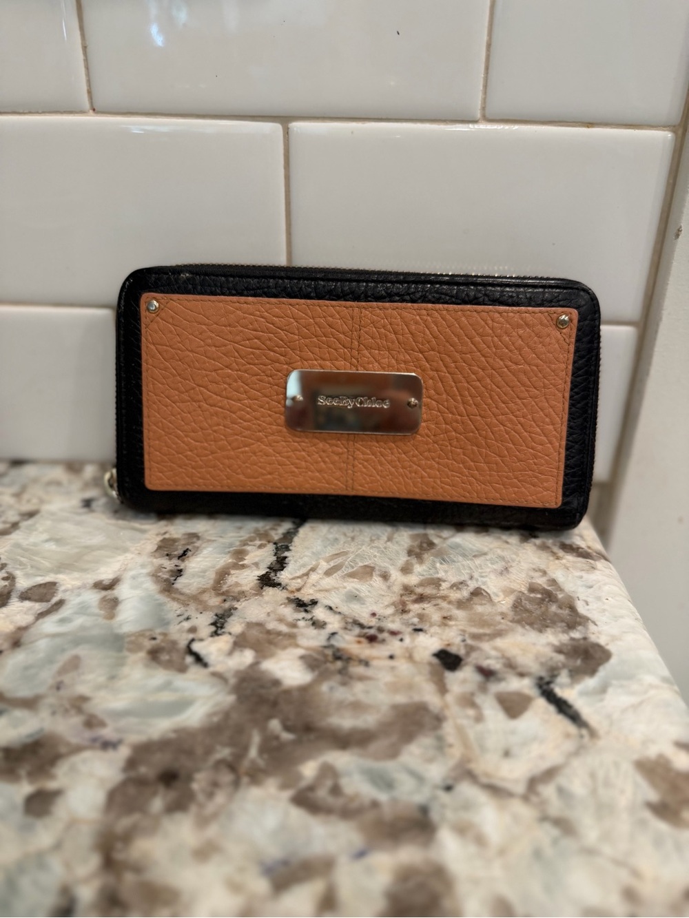 See By Chloe Two-Tone Pebbled Leather Wallet - Black & Tan